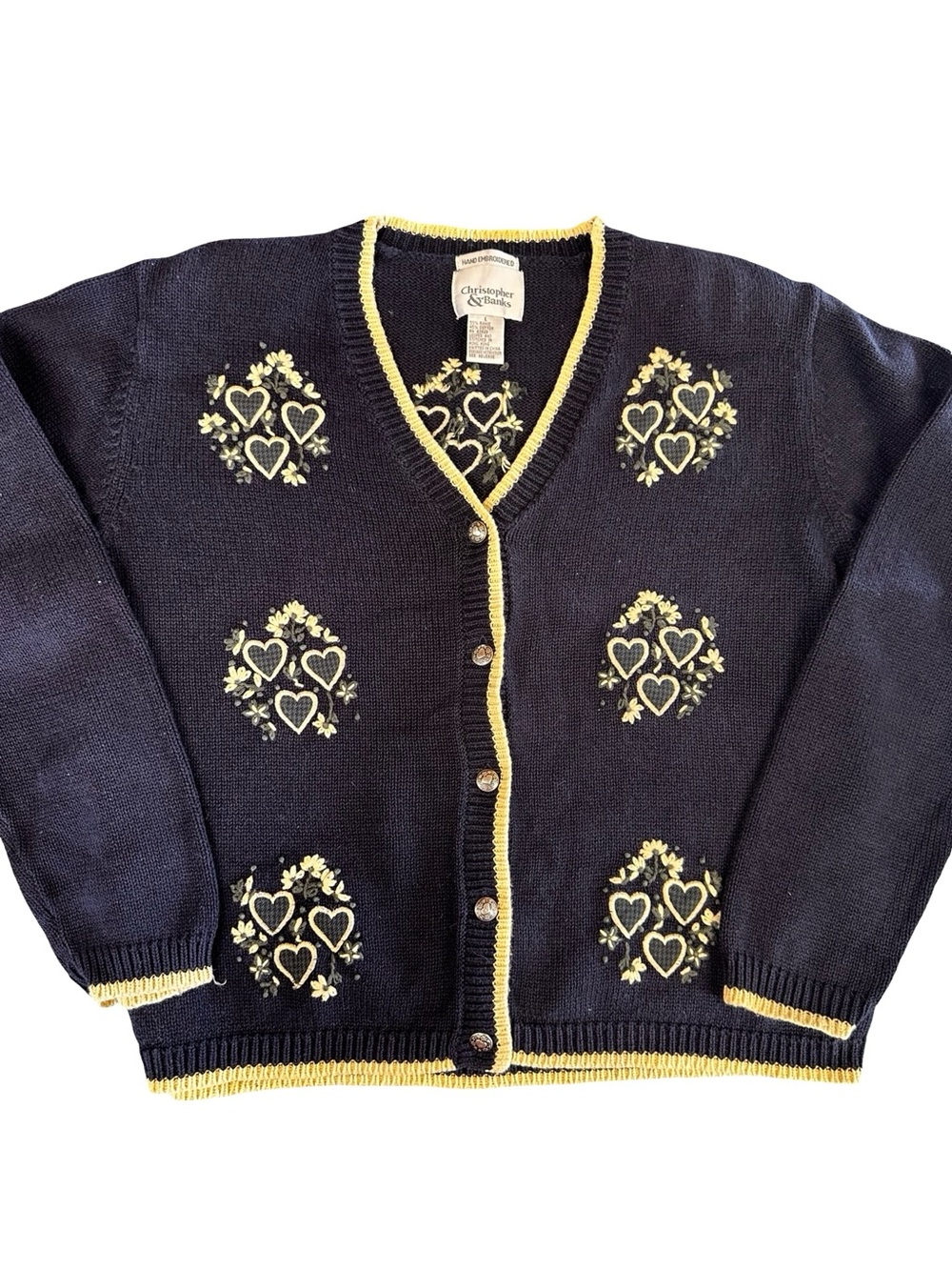 VTG Navy Blue Embroidered Heart Floral Motifs Cardigan Size Large Cottagecore